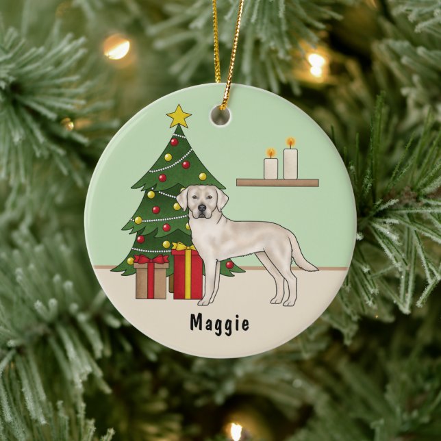Cream Labrador Retriever Dog With Christmas Tree Ceramic Ornament (Tree)