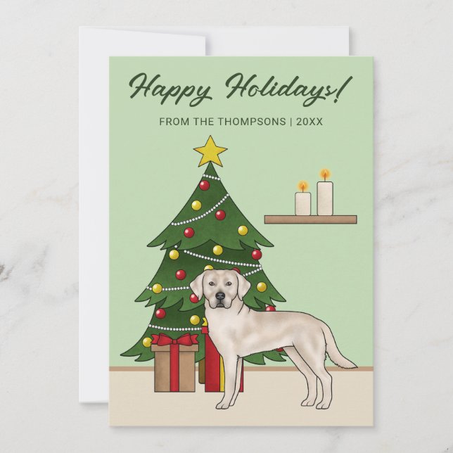 Cream Labrador Retriever Green Festive Christmas Holiday Card (Front)