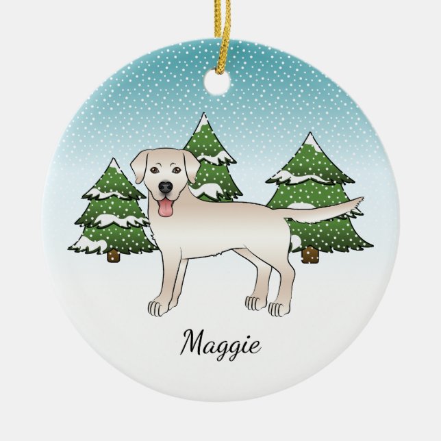 Cream Labrador Retriever In A Winter Forest & Name Ceramic Ornament (Front)