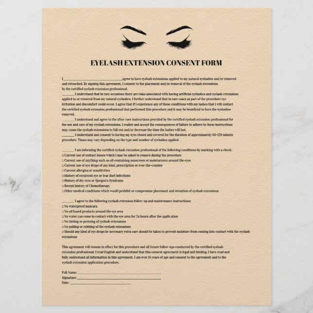 Cream Leather EYELASH EXTENSION CONSENT FORM Flyer (Front)