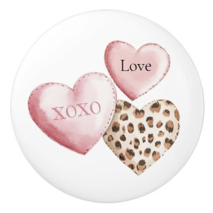 Cream Leopard Animal Print Pink Hearts Ceramic Knob