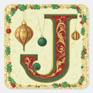 Cream Letter J with Festive Red and Green Square Sticker