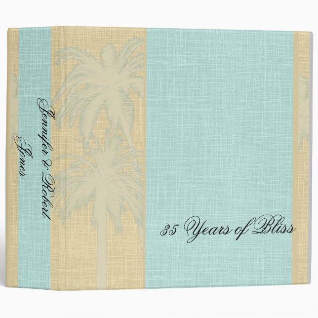Cream Linen and Blue Palm Trees Anniversary Binder (Front/Spine)