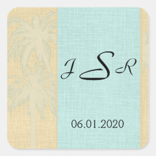 Cream Linen Blue Palm Trees Monogram Sticker