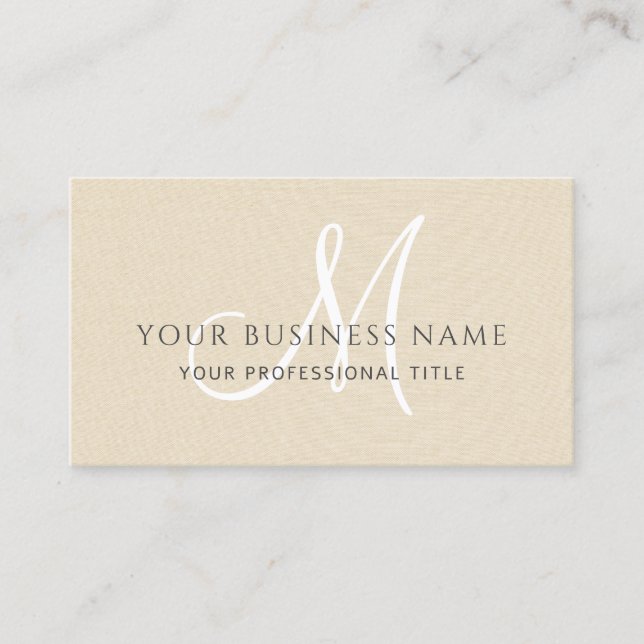 Cream Linen Simple Minimal Monogram Business Card (Front)