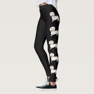 Cream Long Hair Dachshund Cartoon Dogs On Black Leggings