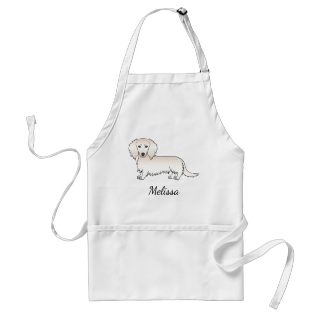 Cream Long Hair Dachshund Cute Cartoon Dog & Name Standard Apron (Front)