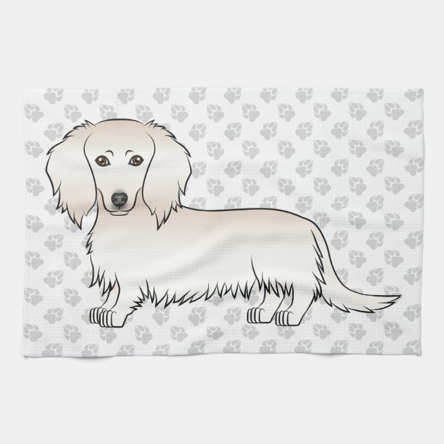 Cream Long Hair Dachshund Cute Cartoon Dog & Paws Kitchen Towel (Horizontal)