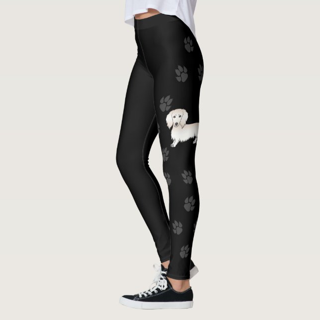 Cream Long Hair Dachshund Cute Cartoon Dog & Paws Leggings (Left)