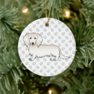 Cream Long Hair Dachshund Cute Cartoon Dog & Text Ceramic Ornament