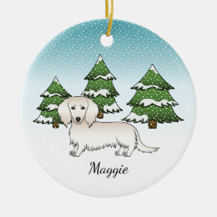 Cream Long Hair Dachshund Cute Dog - Winter Forest Ceramic Ornament