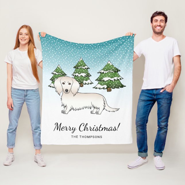 Cream Long Hair Dachshund Cute Dog - Winter Forest Fleece Blanket (In Situ)