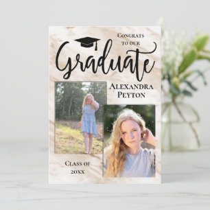 Cream Marble White Script Photo Graduation Invitation