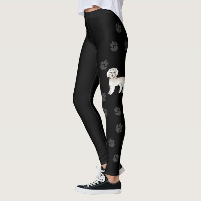 Cream Mini Goldendoodle Cartoon Dog & Paws Leggings (Left)