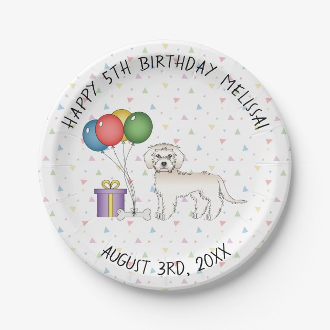 Cream Mini Goldendoodle Cute Cartoon Dog Birthday Paper Plate (Front)