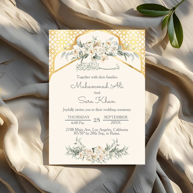Cream Minimal Floral Gold Arabic Muslim Wedding  Invitation (Creator Uploaded)