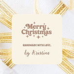 Cream mocha handmade by Christmas gift wrapping Square Sticker<br><div class="desc">White background,  and a red text.   Text: Merry Christmas,  and Handmade with love with a retro 70's style font.</div>