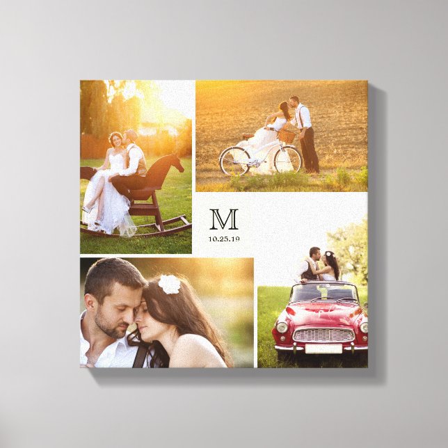 Cream Modern Grid Monogram Wedding 4 Photo Collage Canvas Print (Front)