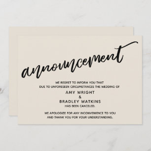 Cream Modern Handwriting Cancelled Wedding Card