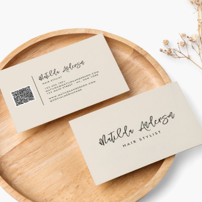 Cream modern minimal script QR CODE Business Card (Creator Uploaded)