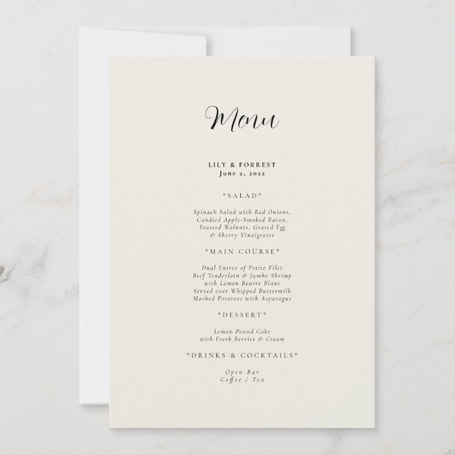 Cream Modern Wedding Menu Invitation (Front)