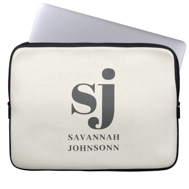Cream monogram initials  laptop sleeve (Front)