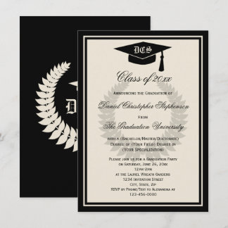 Cream Monogram Laurel Classic College Graduation Invitation