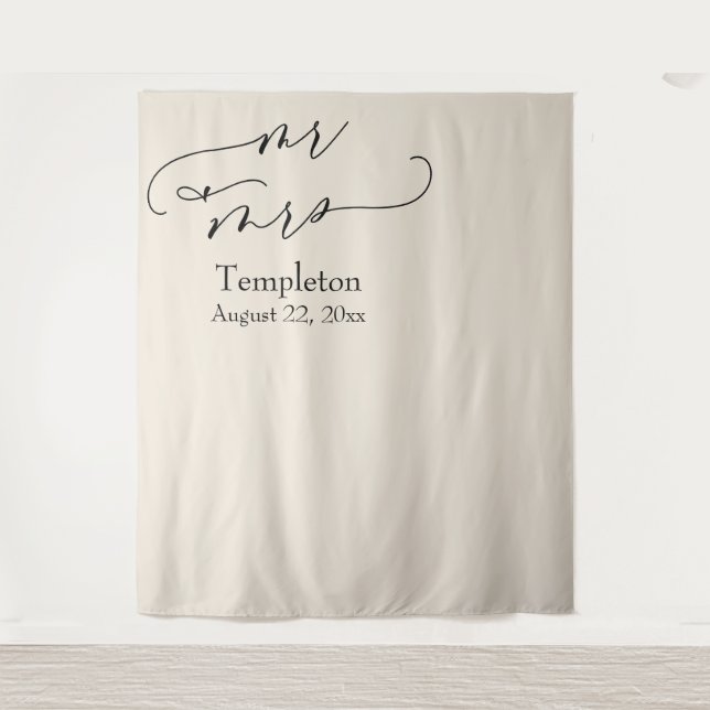 Cream Mr & Mrs Simple Left Aligned Photo Backdrop Tapestry (Front)