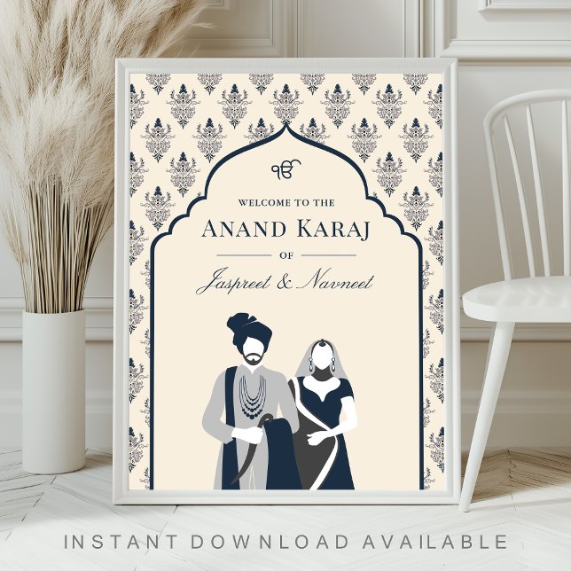 Cream Navy Anand Karaj Sikh Wedding Welcome Sign (Creator Uploaded)