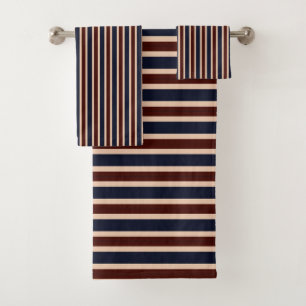 Cream, Navy & Burgundy Vertical Stripes Bath Towel Set
