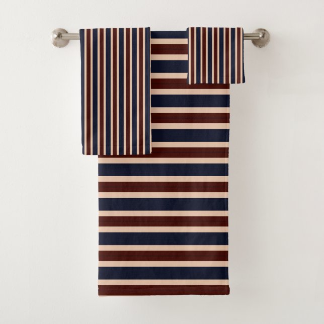 Cream, Navy & Burgundy Vertical Stripes Bath Towel Set (Insitu)