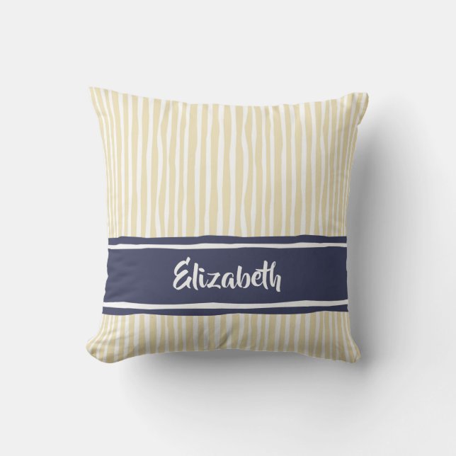 Cream Navy Hand Drawn Stripe Name Throw Pillow (Front)