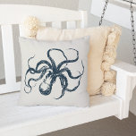 Cream & Navy Vintage Octopus Throw Pillow<br><div class="desc">Add vintage nautical style to your patio,  boat or pool area with our outdoor throw pillow in off white,  featuring a navy blue vintage etched style octopus illustration.</div>