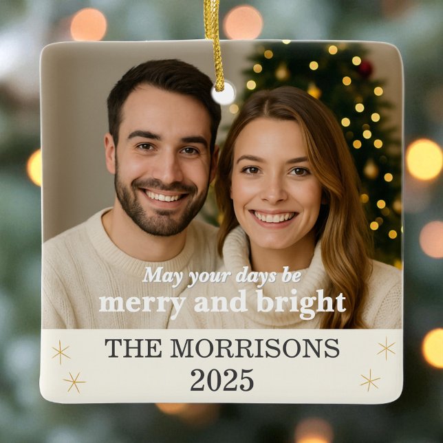 Cream Neutral & Gold Family Photo Snowflake  Ceramic Ornament (Creator Uploaded)