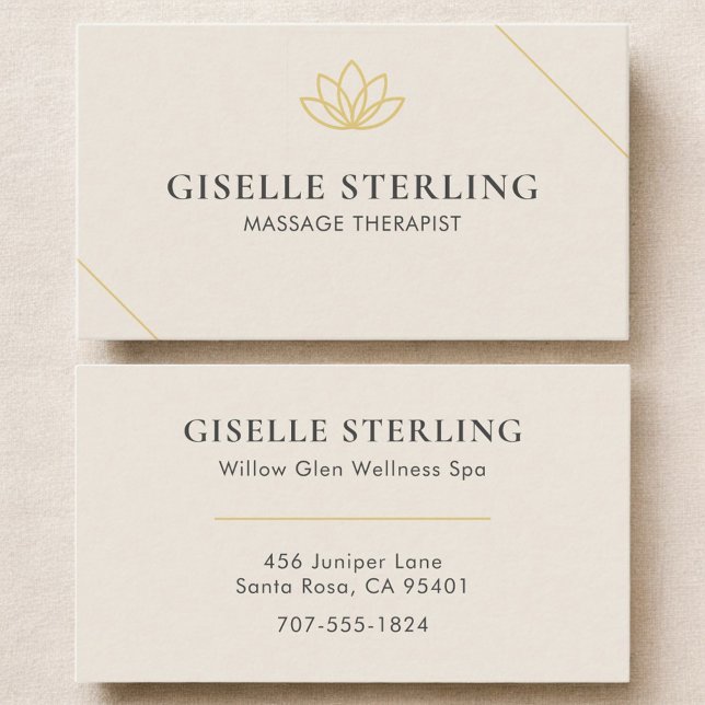 Cream Neutral Massage Therapist Minimalist Lotus Business Card (Creator Uploaded)