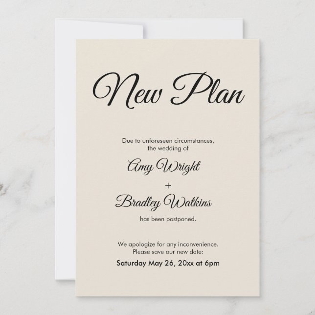 Cream New Plan Postponed Wedding Announcement (Front)