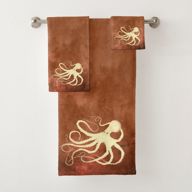 Cream Octopus on Chocolate - Bathroom Towel Set (Insitu)