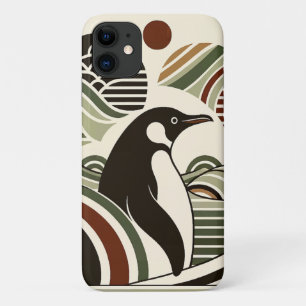 Cream Olive Green Maroon Penguin Waves In Art Deco iPhone 11 Case