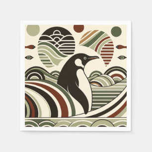 Cream Olive Green Maroon Penguin Waves In Art Deco Napkin