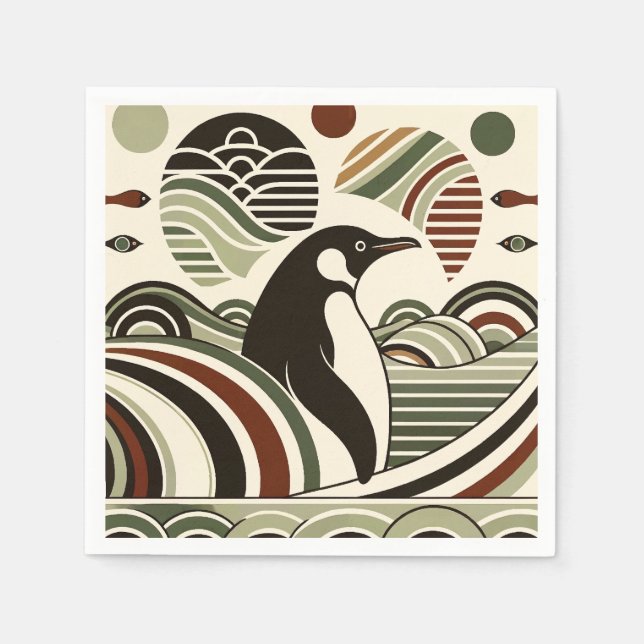 Cream Olive Green Maroon Penguin Waves In Art Deco Napkin (Front)