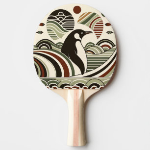 Cream Olive Green Maroon Penguin Waves In Art Deco Ping Pong Paddle