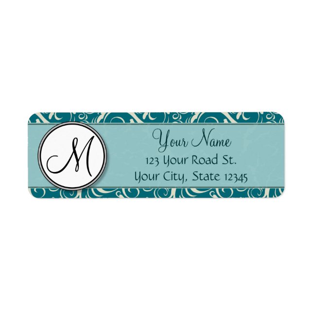 Cream on Teal Floral Wisps & Stripes with Monogram (Front)