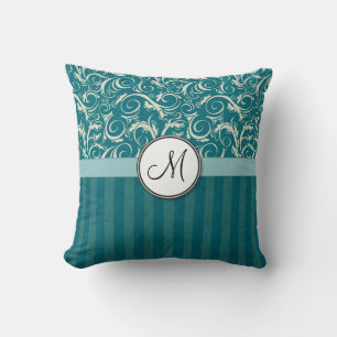 Cream on Teal Floral Wisps & Stripes with Monogram Throw Pillow