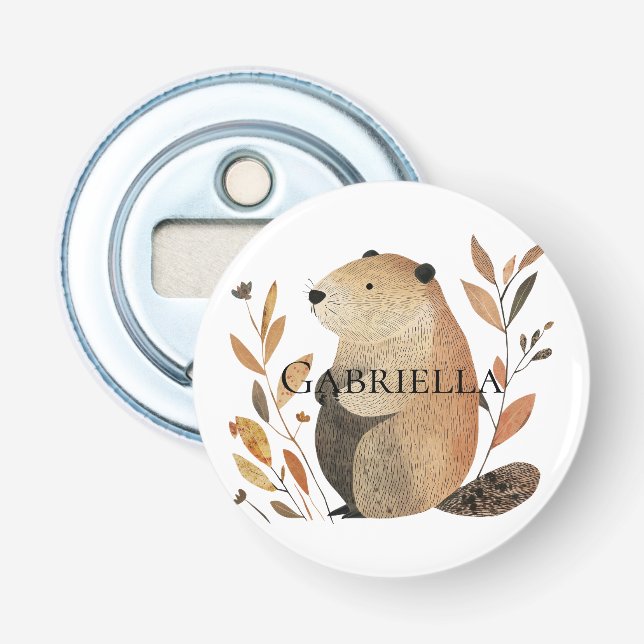 Cream Orange Brown Beaver with Leaves Bottle Opener (Front)