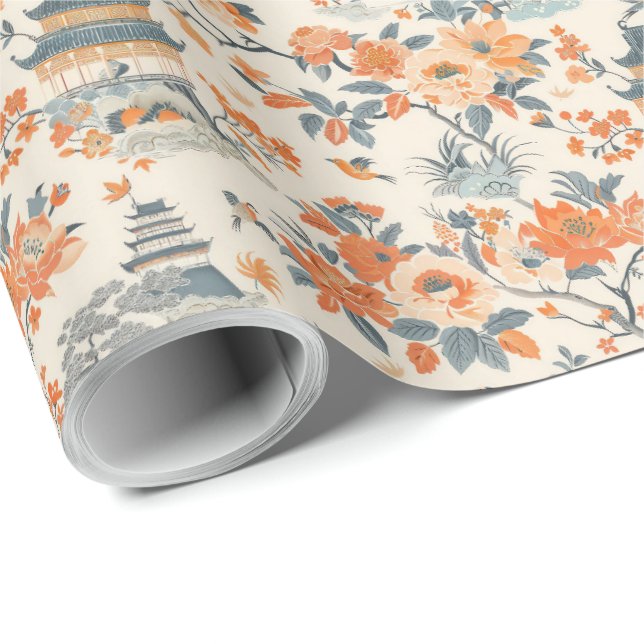 Cream Orange Floral House Chinoiserie Wrapping Paper (Roll Corner)