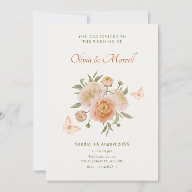 Cream orange flower bloom butterfly wedding invitation (Front)