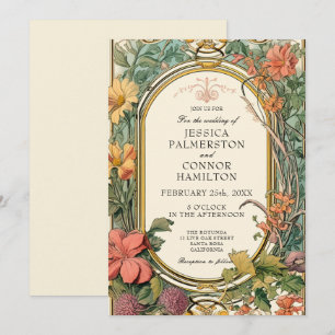 Cream Orange Green Vintage Floral Wedding Invitation