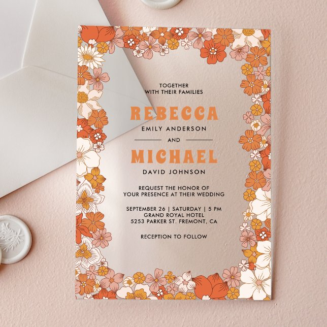 Cream Orange Groovy Retro Wildflower Wedding Acrylic Invitations (Creator Uploaded)