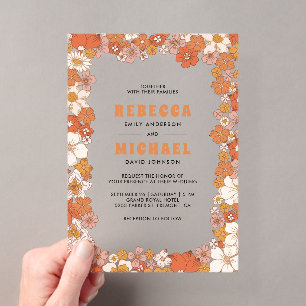 Cream Orange Groovy Retro Wildflower Wedding Acrylic Invitations
