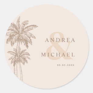 Cream Palm Trees & Ampersand Names Wedding Classic Round Sticker
